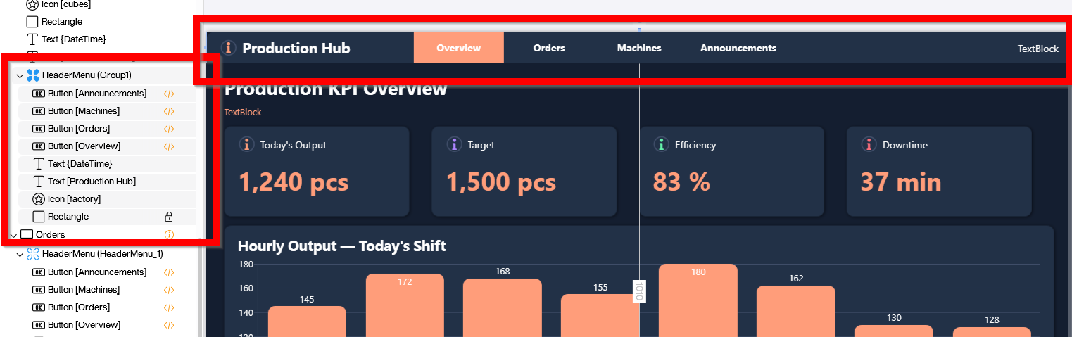 Header menu master component on the overview screen