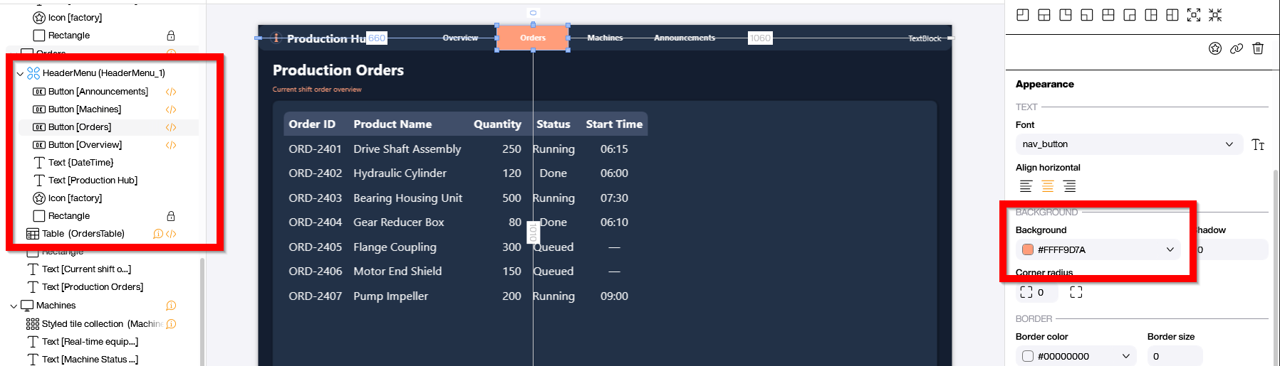 Header menu instance with the Orders button highlighted