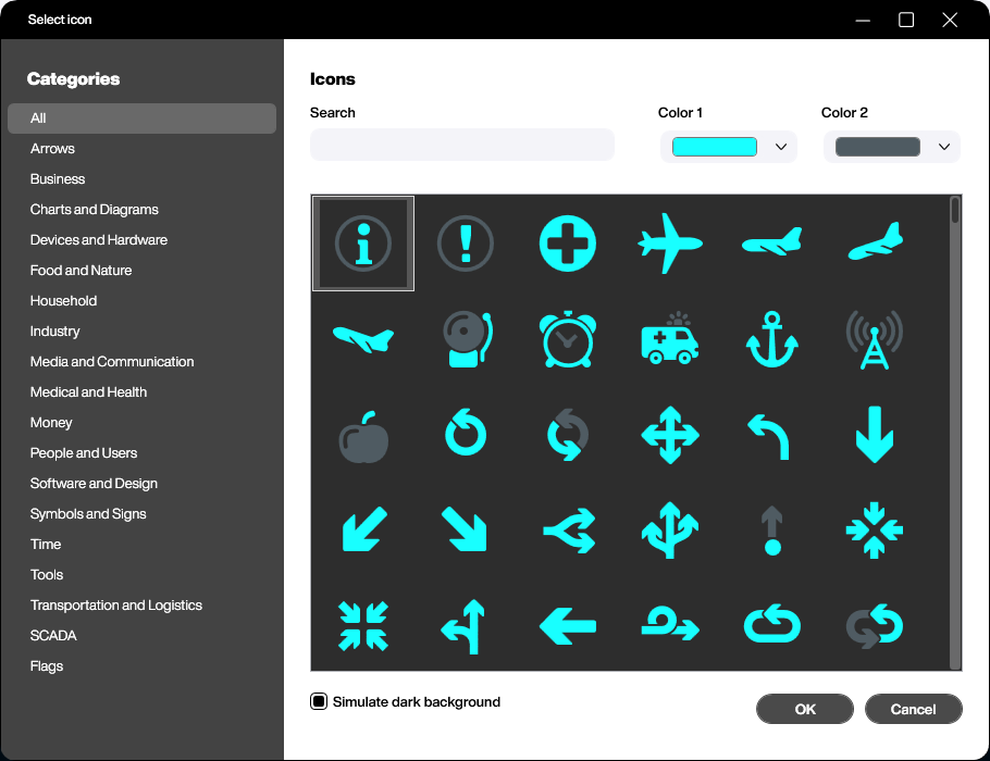 The icon gallery of the Peakboard Designer