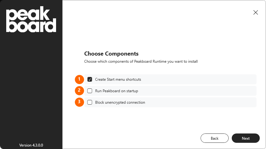 Component selection in the Peakboard Runtime Setup
