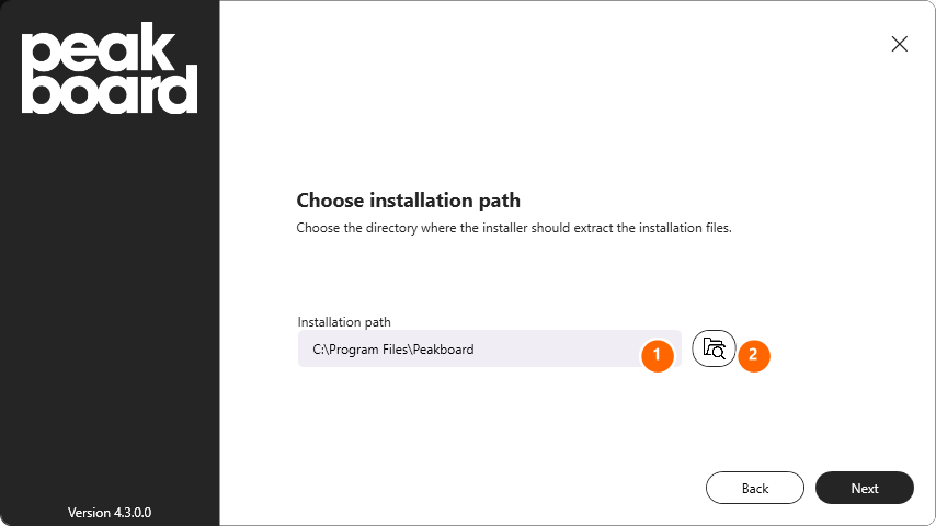 Installation path selection in the Peakboard Runtime Setup