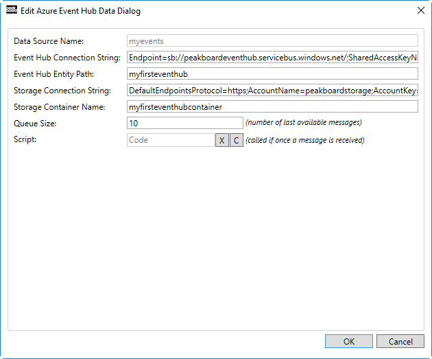 Edit Azure Event Hub Data Dialog