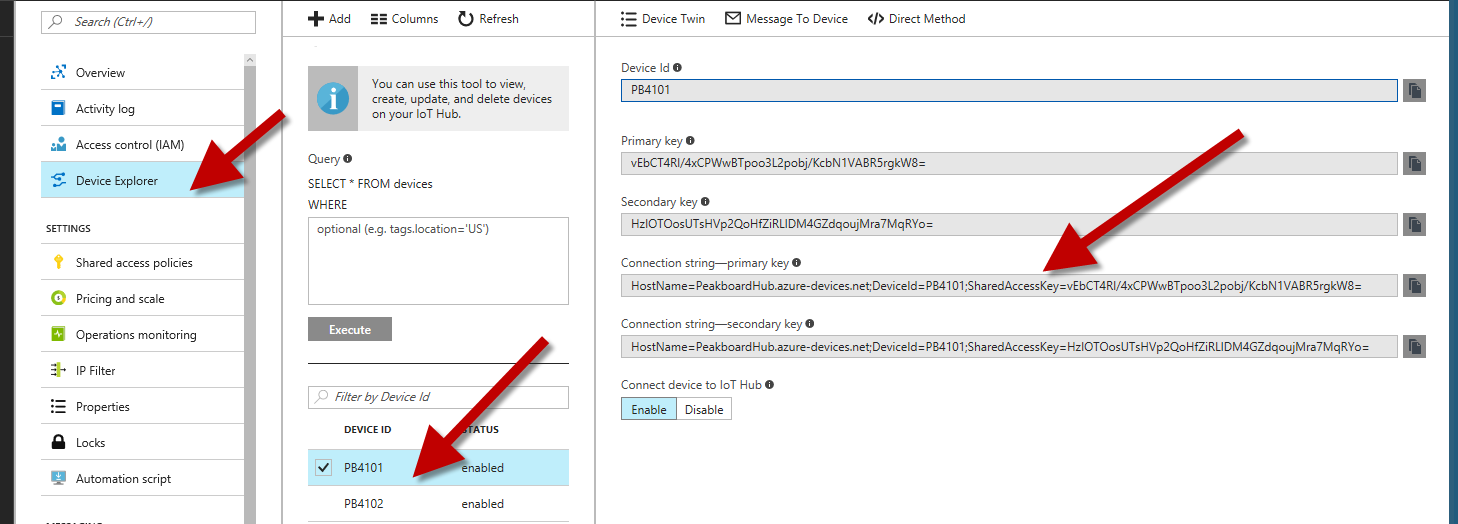 Device connection string in the Azure portal