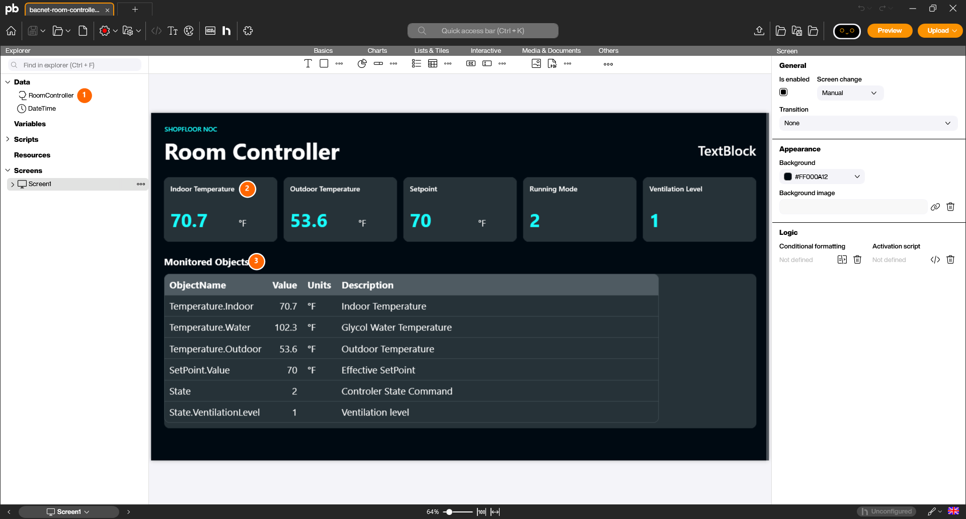 BACnet-Room-Controller-Dashboard im Peakboard Designer