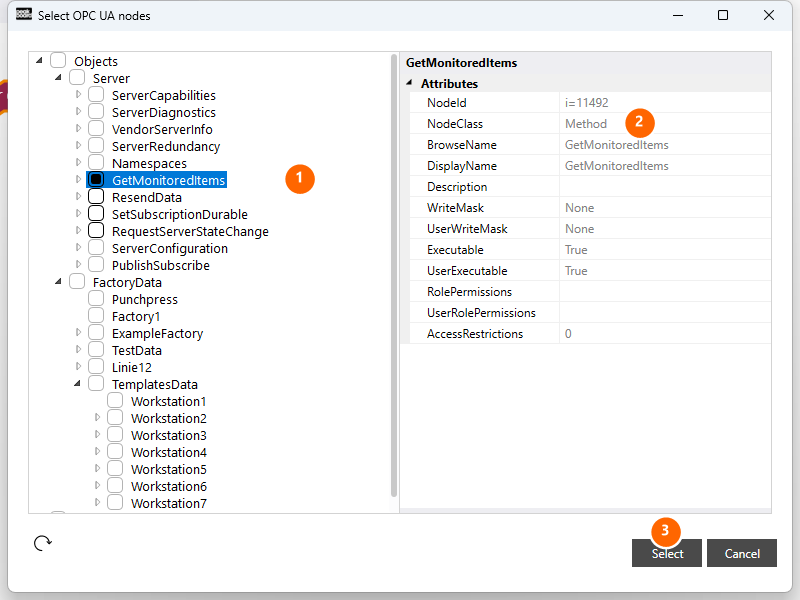 Selecting a method in the node browser