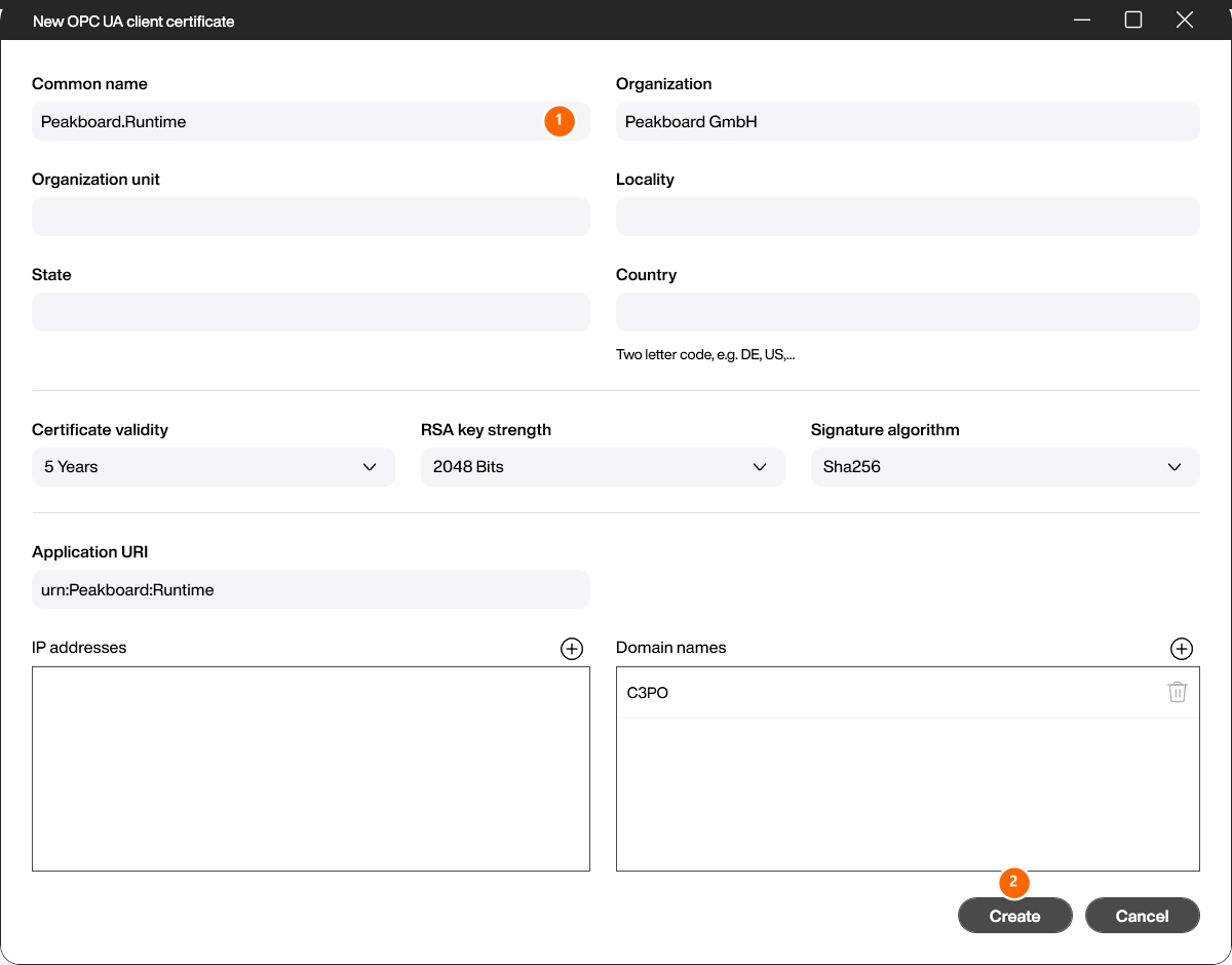Dialog Neues OPC UA Client-Zertifikat