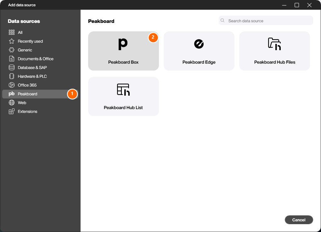 Select the Peakboard Box data source
