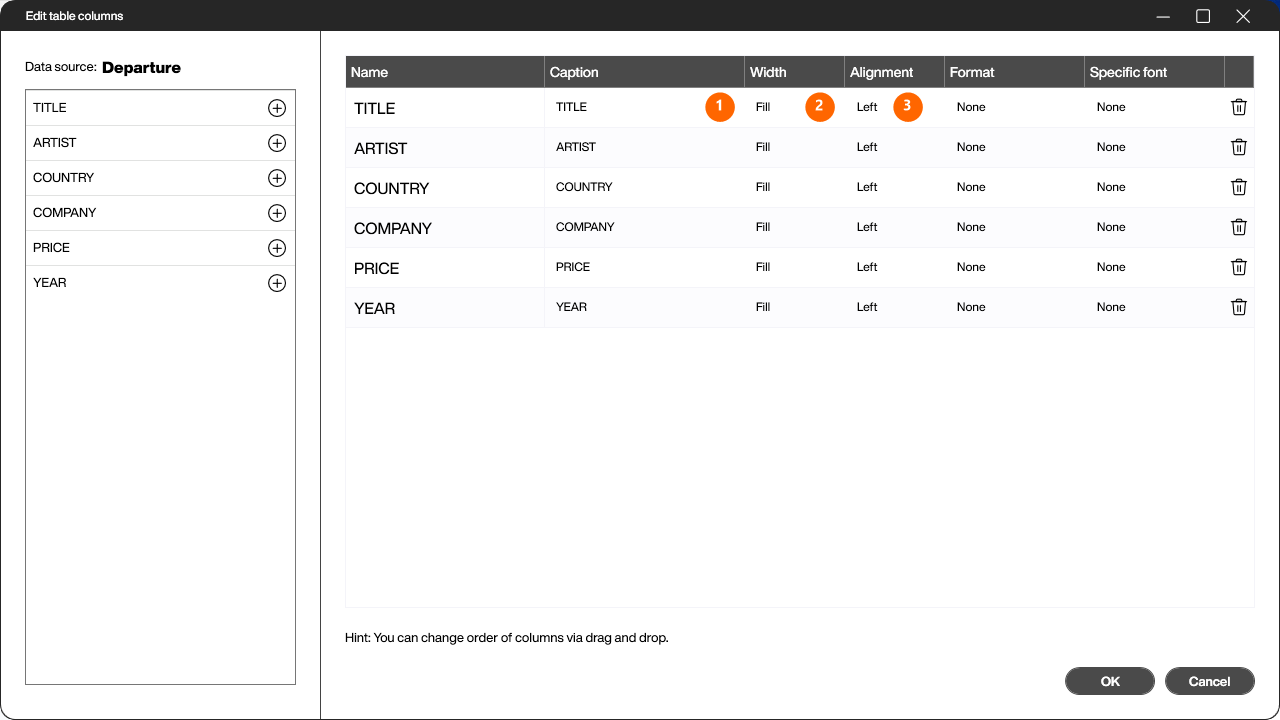 Der Dialog „Edit table columns"