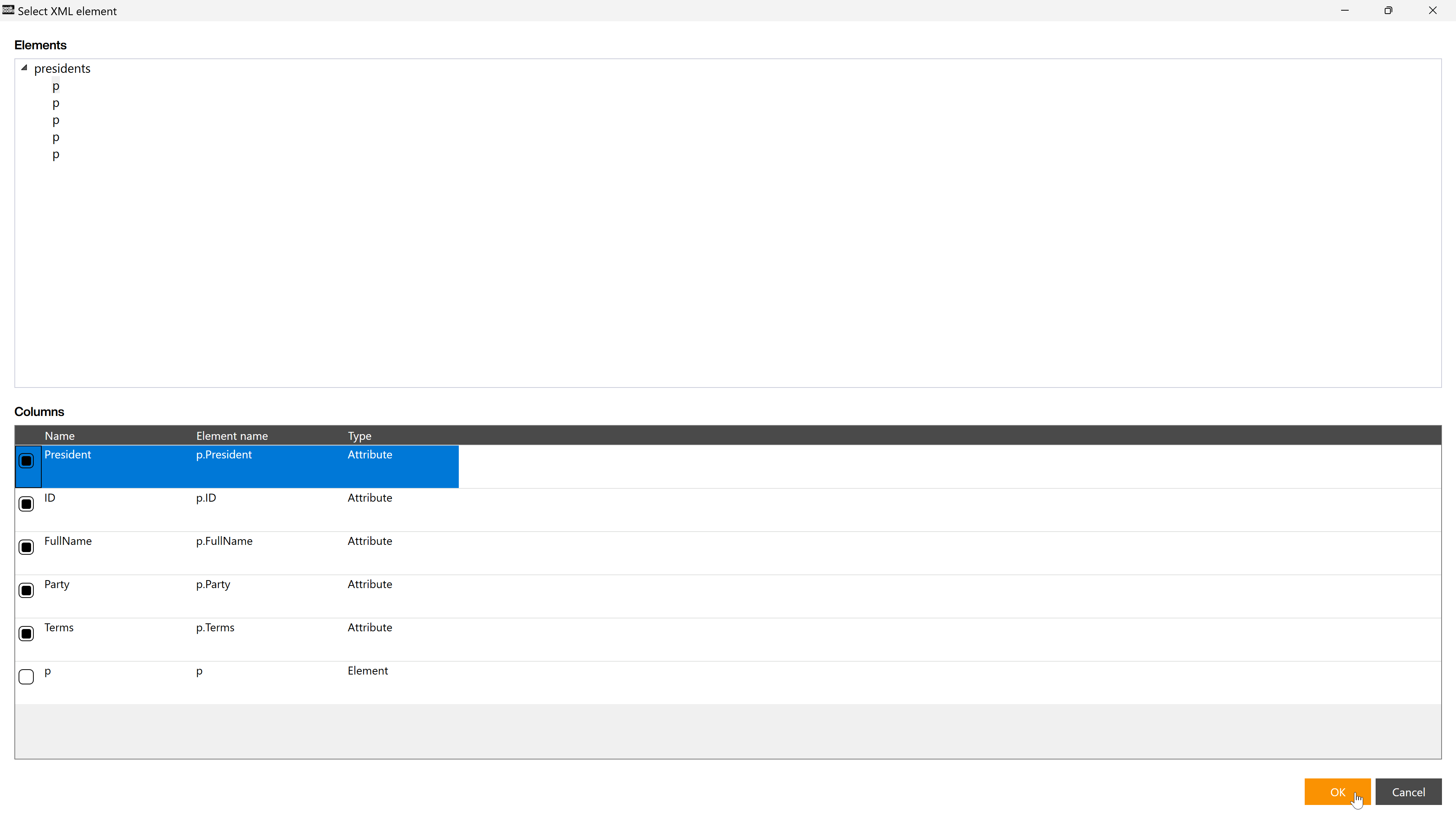 XML path dialog