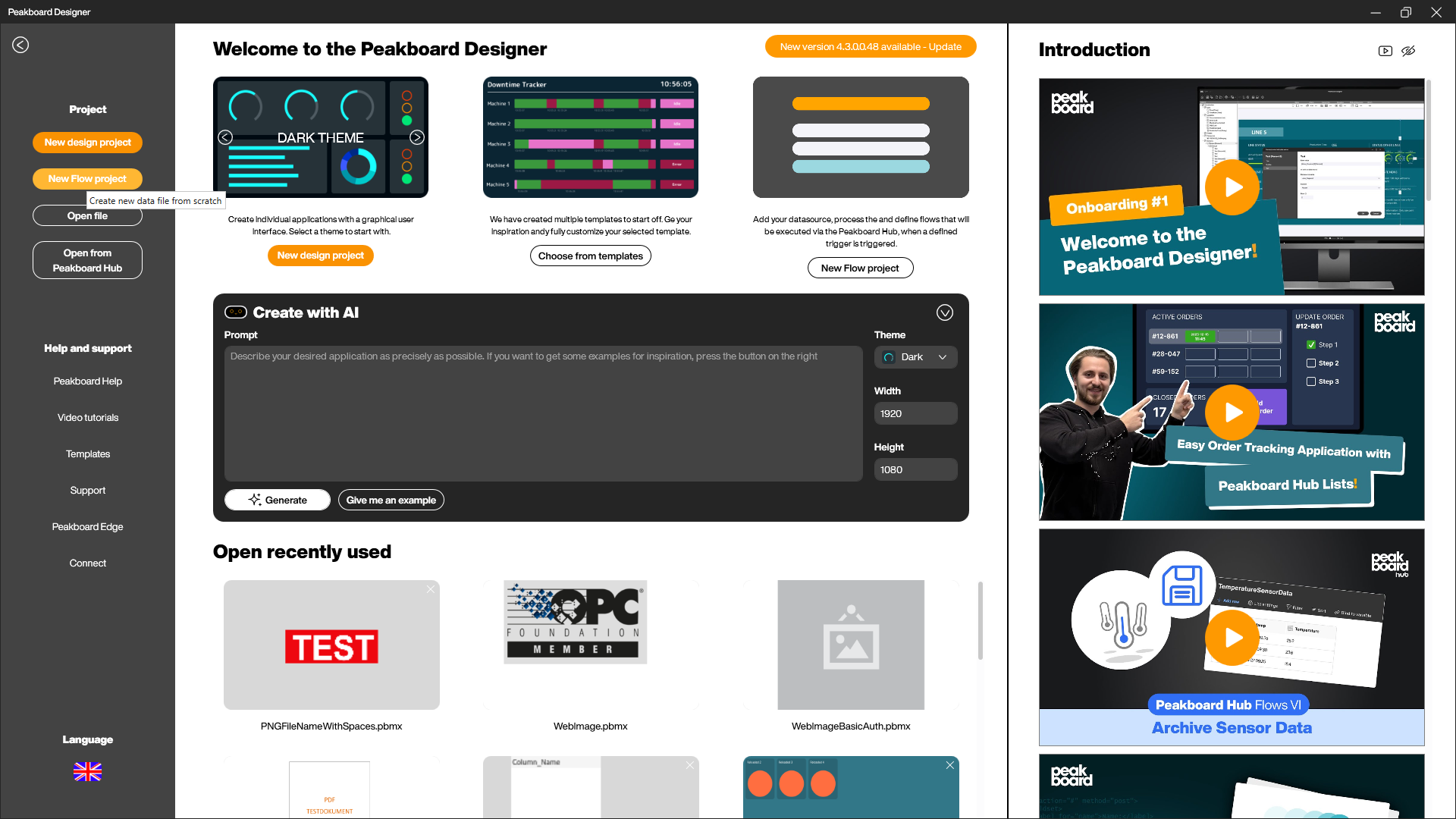 New flow project on the start page
