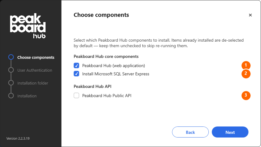 Komponentenauswahl im Peakboard Hub Installer