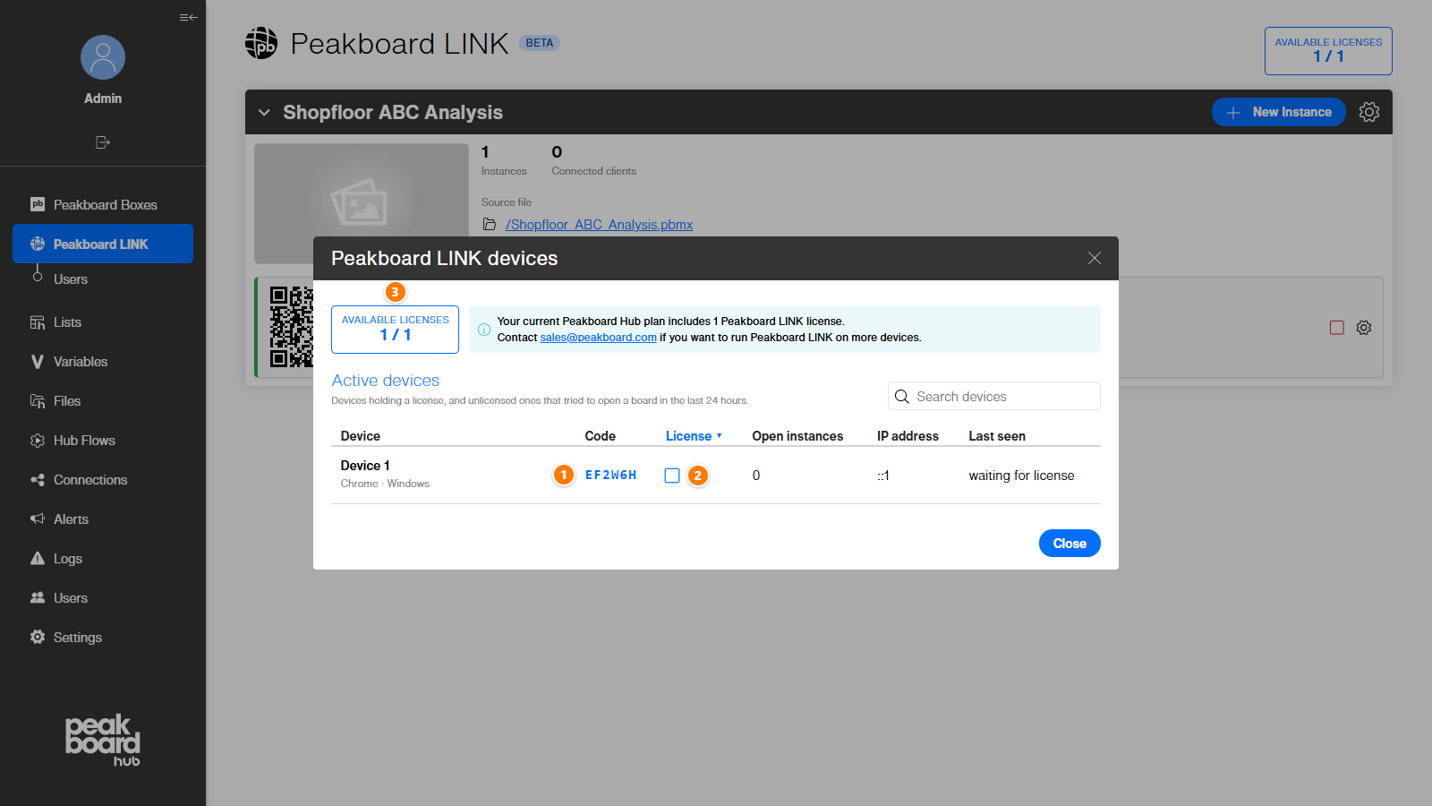 Assign a Peakboard LINK license to a screen