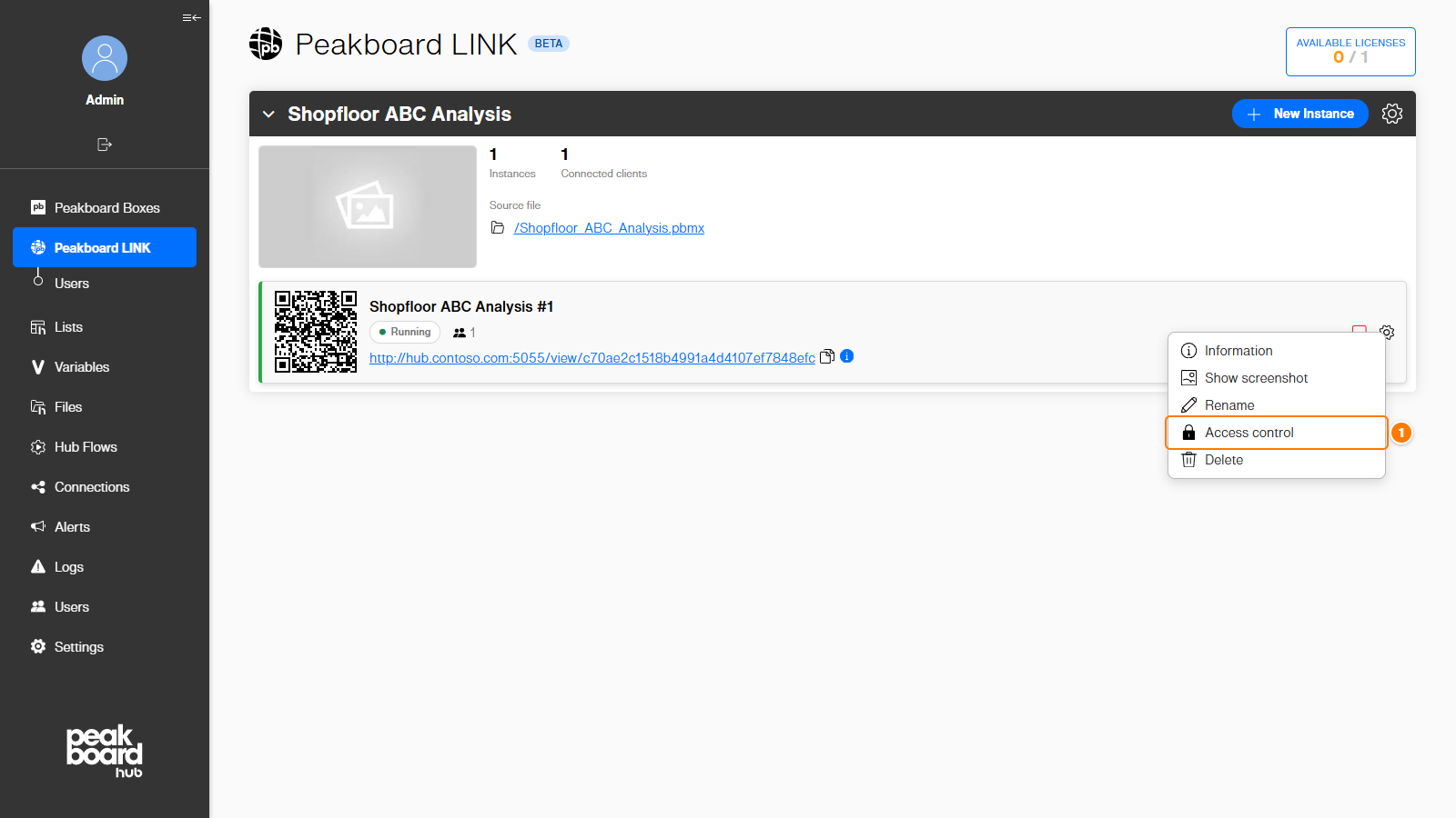 Access control in the instance menu