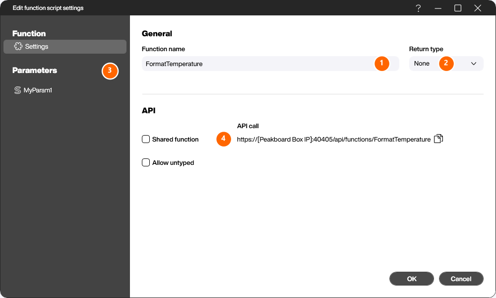 Die Funktionseinstellungen: Name (1), Rückgabetyp (2), Parameter (3) und die Shared-Function-/API-Option (4)
