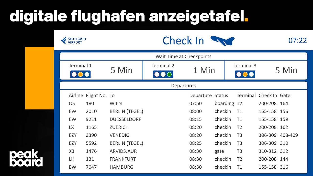 In diesem Video lernst du, wie du mit dem Ampel-Control den Status der Terminals am Flughafen in Stuttgart mithilfe der API des Flughafens anzeigen kannst. Dieses Template dient der Visualisierung von Abflug-APIs des Stuttgarter Flughafens. Die praktische Anzeigetafel kommuniziert dabei automatisiert alles was Passagiere zu ihrem Flug wissen müssen.